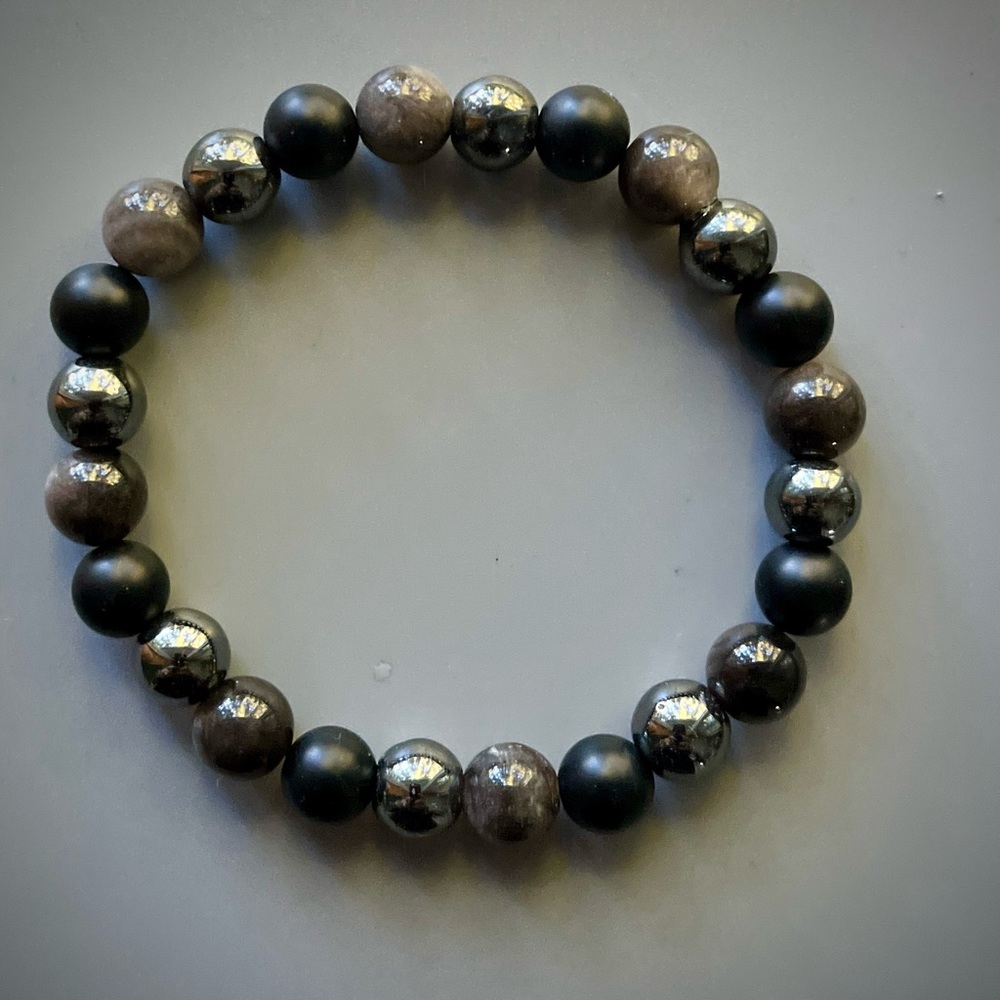Matte Onyx, Silver Obsidian and Black Hematite Handcrafted Bead Bracelet - Picture 2 of 4